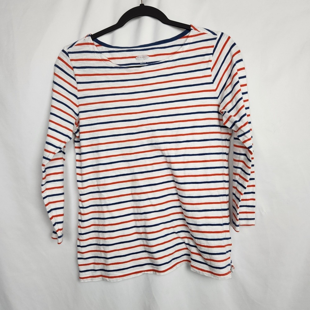 Old Navy‎ Womens 3/4 Sleeve Scoop Neck Shirt Red Blue White Striped Size Medium